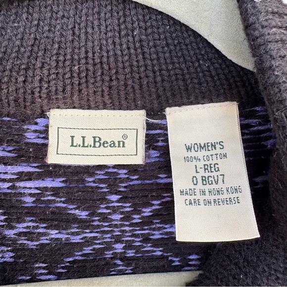 L.L. Bean Purple, White and Black Patterned Full Zip Sweater 100% Cotton Size L - Picture 2 of 5